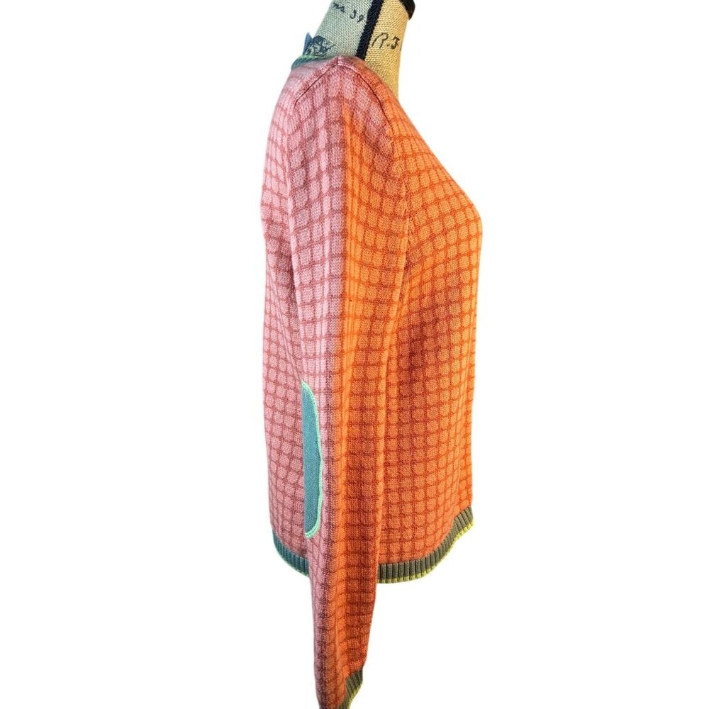 Talbots Womens Cardigan Sweater L Orange/Green Checkered Pattern Elbow patches - Picture 8 of 10